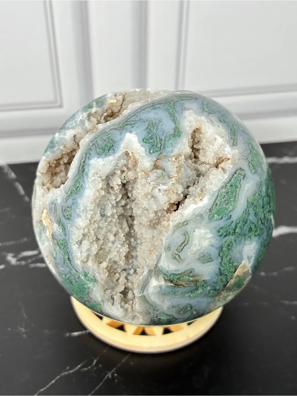 Emerald Dreamscape — Moss Agate Druzy Sphere & Tower Crystal Set